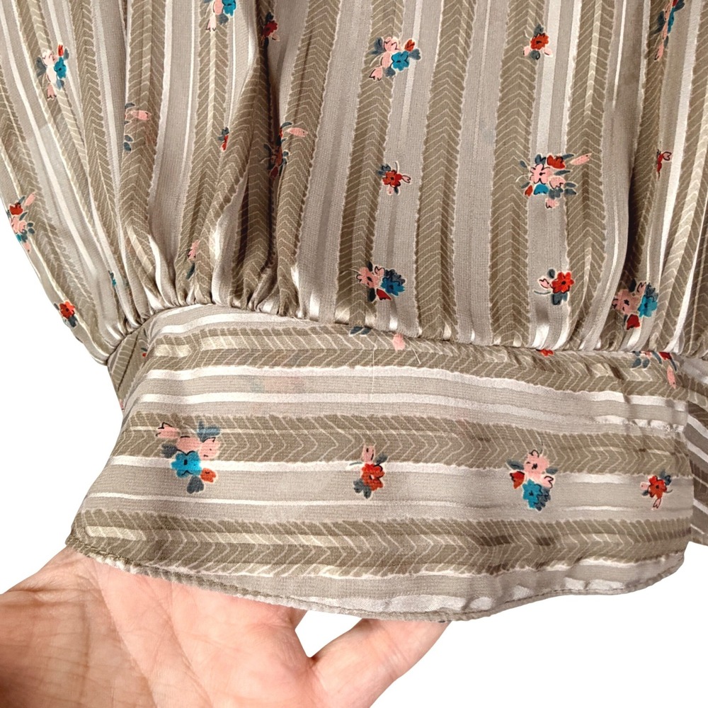 VTG 70s Jonathan Martin 80 S SHEER Beige Striped Floral Banded Crop Waist Blouse - Picture 4 of 12